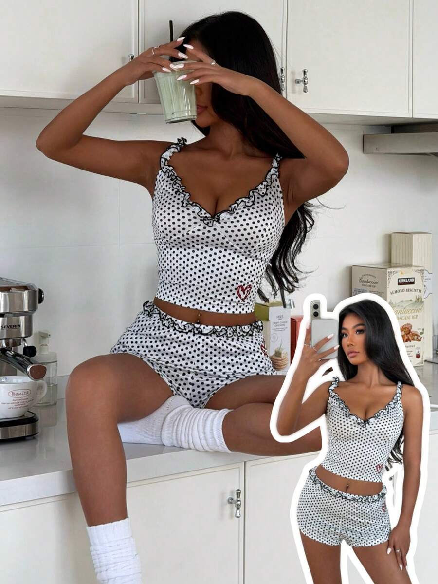 SHEIN Women's Polka Dot Heart Embroidery Camisole And Frill Trim Shorts Pajama Set - White - View 1
