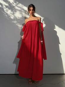 Aloruh Vestido maxi holgado de gasa plisada con hombros descubiertos y lazo de cuerda, estilo de diosa rosa, primavera/verano - Rojo - Ver 2
