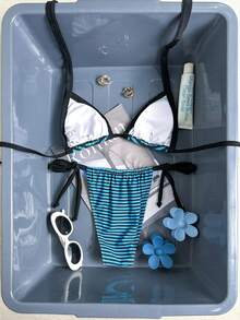 Swim Mod 女士撞色条纹三角比基尼套装，夏季 - 藍色 - 查看 2