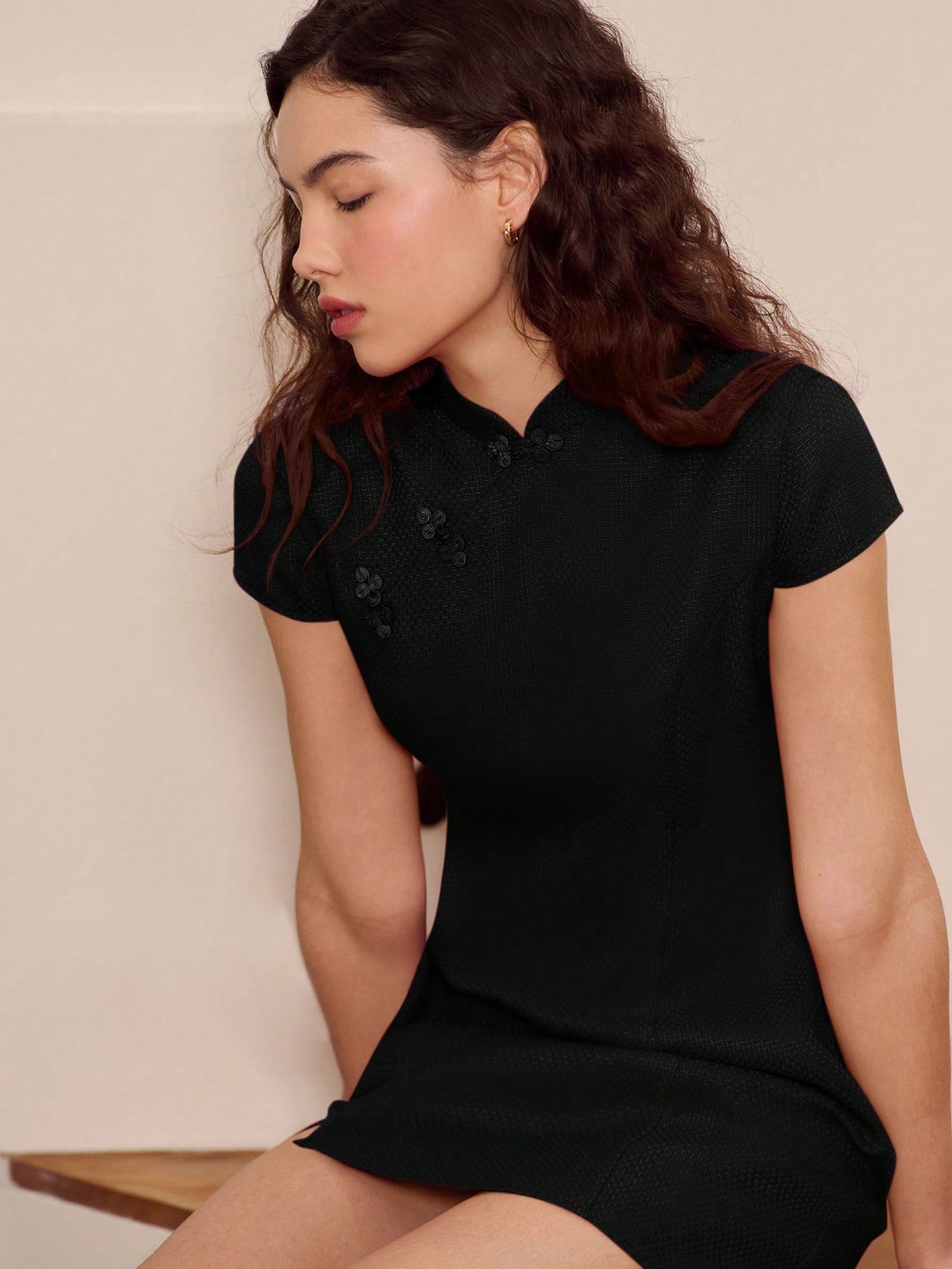 Elegant Chic Festive Black Tweed Mandarin Collar Mini Dress Oriental Dress Spring Summer Going Out Spring Summer