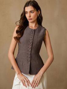 Aveloria Rosie Fashionable Design Casual Round Neck Simple Sleeveless Slim Fit Vest Jacket - Multicolor - View 4