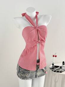 Sweetra Plaid Bandeau Top, Versatile Backless Sexy Crop Top - Red - View 1