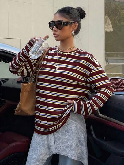 Muchica Plus Size Loose Fit Crew Neck Drop Shoulder Long Sleeve Striped T-Shirt