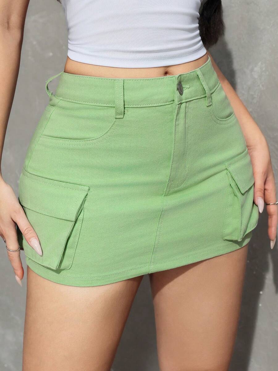 SHEIN PETITE Váy denim ngắn màu trơn phong cách công sở mùa hè - màu xanh lá - Xem 1