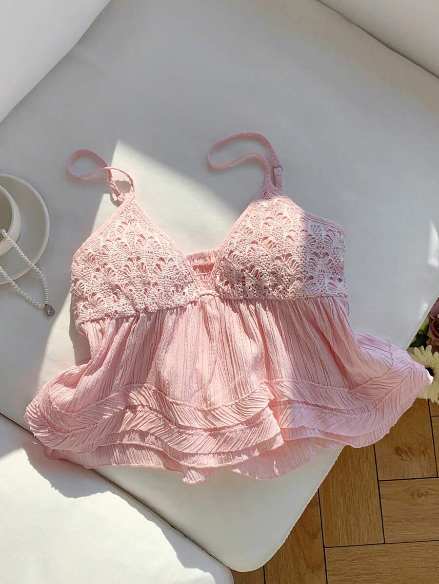 Comfortcana 女士蕾丝拼接纯色夏季吊带背心,适合夏季穿着 - 淺粉色 - 查看 1
