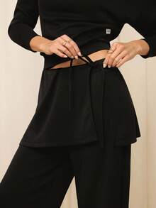 GLOWMODE X Reem Modest SoftSerene Modal Easy Shift Silky-Smooth Soft Breathable Adjustable Drawstring Ankle Side Pocket 2-In-1 Wide-Gleg Jogger Daily Casual Street Wear - 黑色 - 查看 7