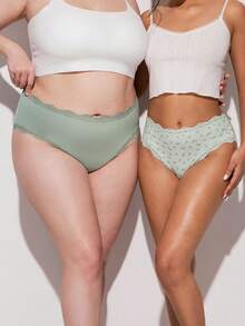 LUVLETTE 3-Pack Lace Trim Cotton Mid-Waist Basic Cheeky Women Underwear Panties Set- Floral Print Lace Trim-Green - Multicolor - View 12