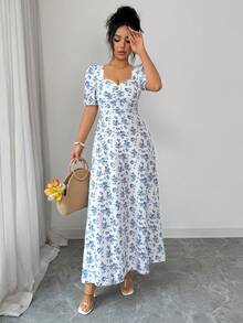 SHEIN Elenzya Women's Floral Print Sweetheart Neck Puff Sleeve Elegant Vacation Dress - Blue - View 5