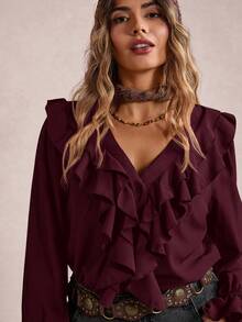 Freevana Blusa elegante de talla grande con volantes en unicolor - Rojo violeta - Ver 5