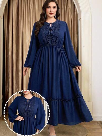 Al Najma Plus Size Women Contrast Lace Tie-Up Fringe Ruched Elegant Waist Lantern Sleeve Party Dress