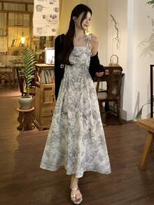 FRIFUL 女士花卉装饰吊带收腰A字连衣裙，度假连衣裙 - 彩色 - 查看 8