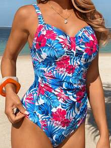 Swim Lushoire 1pc Women's Summer White Floral Tropical Hibiscus Print Ruched Halter One-Piece Swimsuit,Tummy Control Push Up Bathing Suits Boho Holiday Pool Party - Multicolor - View 5