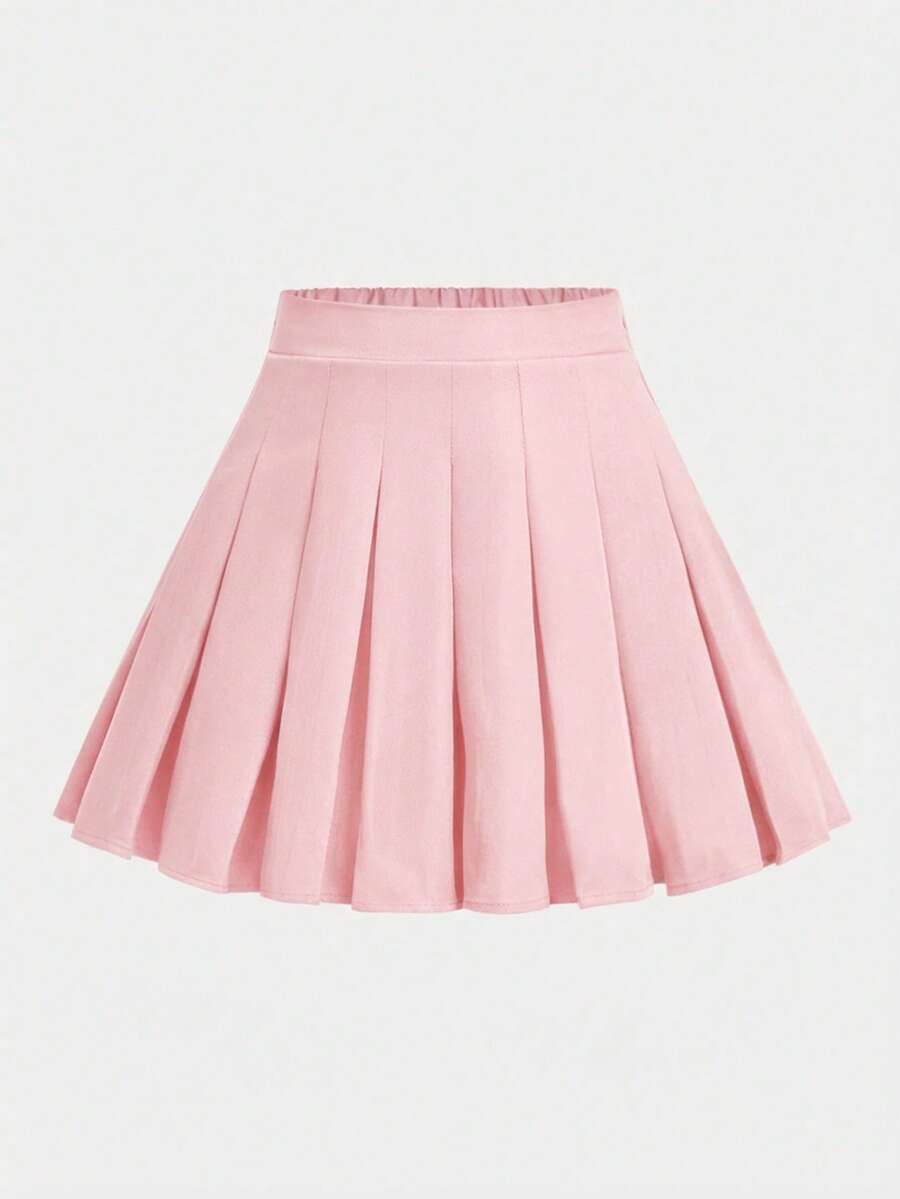 SHEIN Girlism Tween Girls Solid Mini Skirt Zipper Solid Pleated Skirt, Daily Wear, Casual Occasion, Back To School - Baby Pink - View 1