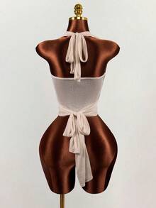 Mistrie 性感深V领女士衬衫，采用时尚褶皱设计和透视细节 - 杏色 - 查看 2