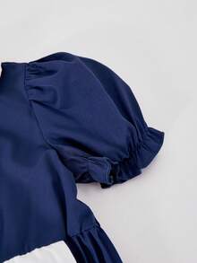 SHEIN ChillGRL Girls Dress, Single Item - Collared Half-Placket Shirt Dress With Ruffle Hem, Lantern Sleeve, A-Line Pleated Skirt, Comes With PU Belt, Suitable For Casual Everyday Wear In Spring/Summer - Navy Blue - View 3