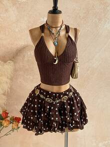 Soleia 女士波点印花层叠荷叶边下摆半身裙 - 棕色 - 查看 5