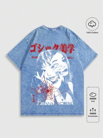 ROMWE MEN Anime Men's Snowflake & Angel Print Short Sleeve T-Shirt, Suitable For Spring/Summer Everyday Wear