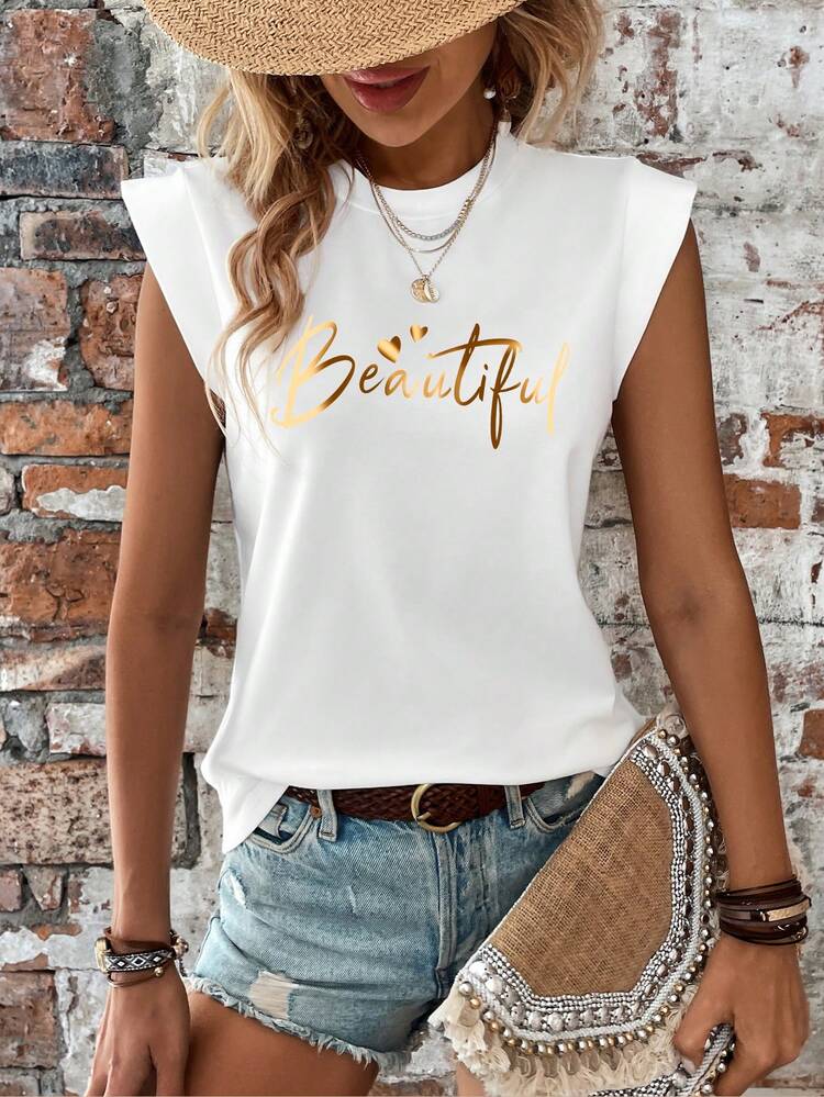 Selamara Nueva camiseta básica de manga corta, cuello redondo y estilo casual con estampado artístico del texto "Hermosa" en la parte delantera para mujeres - Blanco - Añade 5