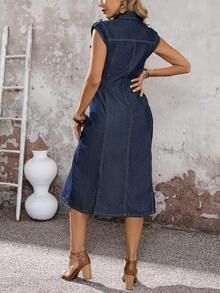 EMERY ROSE 女士纯色简约无袖牛仔连衣裙，休闲日常穿着 - 藍色 - 查看 2