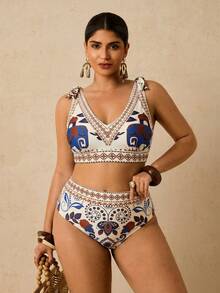 Travachic Bộ bikini buộc cổ in họa tiết nhiệt đới cỡ lớn, đồ bơi phong cách Bohemian cho kỳ nghỉ biển. - Màu be - Xem 4
