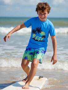 SHEIN Set de 2 piezas de traje de baño y pantalones cortos de natación con estampado de árbol de coco degradado, de cuello redondo y manga corta, para niños y preadolescentes - Azul - Ver 8