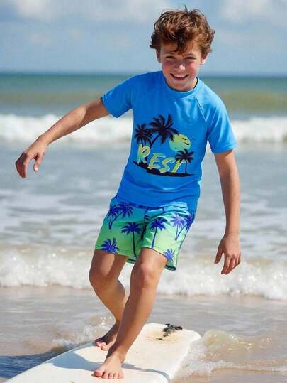 SHEIN Set de 2 piezas de traje de baño y pantalones cortos de natación con estampado de árbol de coco degradado, de cuello redondo y manga corta, para niños y preadolescentes