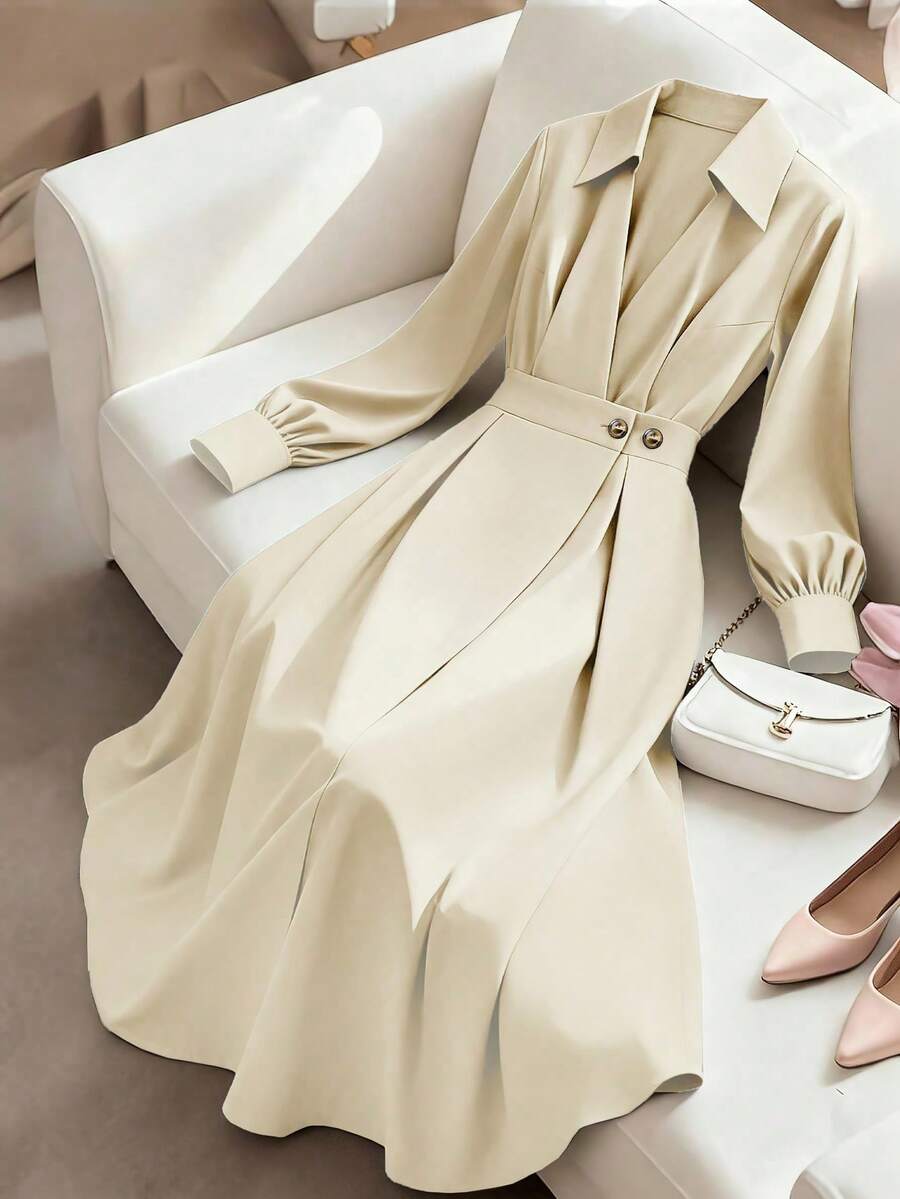 GlowEve CURVE Đầm chữ A dáng suông, cổ bẻ, tay phồng, cài cúc, xếp ly, eo, dành cho nữ, cỡ lớn, màu trơn, kiểu dáng thường ngày. - Màu be - Xem 1