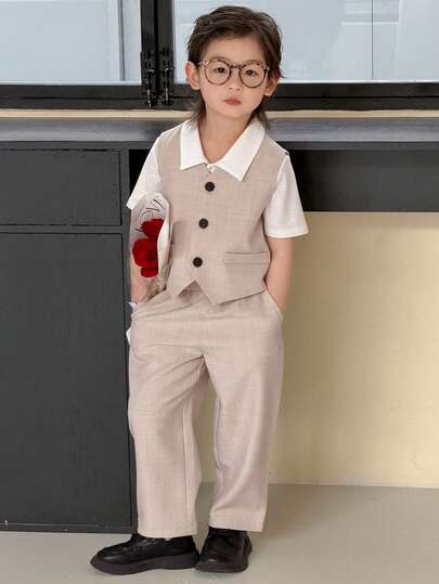 DAZY 男童单排扣背心上衣搭配松紧腰阔腿裤时尚套装，适合演出、主持、派对等多种场合。