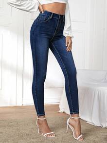 EMERY ROSE Casual Washed High Waist Slim Fit Jeans - Dark Wash - View 5