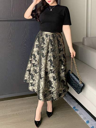 Dazy Plus Elegant Set Stretchy Bodycon Short Sleeve Solid Color Casual T-Shirt All-Over Floral A-Line Party Dress Plus Size Women Spring/Summer 2pcs Set