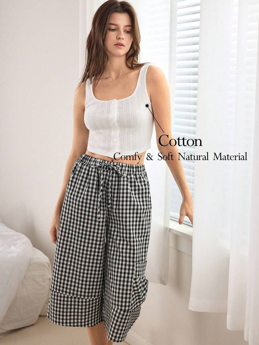 Ocili Women's Solid Color Tank Top & Plaid Wide Leg Pants Pajama Set - Black and White - View 1
