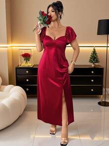 DreamSkyne Plus Size Women Elegant Summer Red Satin Midi Dress,Knit Short Sleeve Shiny Burgundy Slit Formal Gown For Prom Night,Curve Elegant Dress - Burgundy - View 2