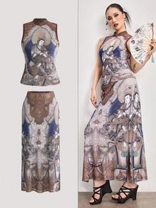 ROMWE Avant Spring/SummergraphicElegant 2-Piece Set: Chinese Style Buddha Painting Print Mandarin Collar Sleeveless Top And Skirt - Multicolor - View 1