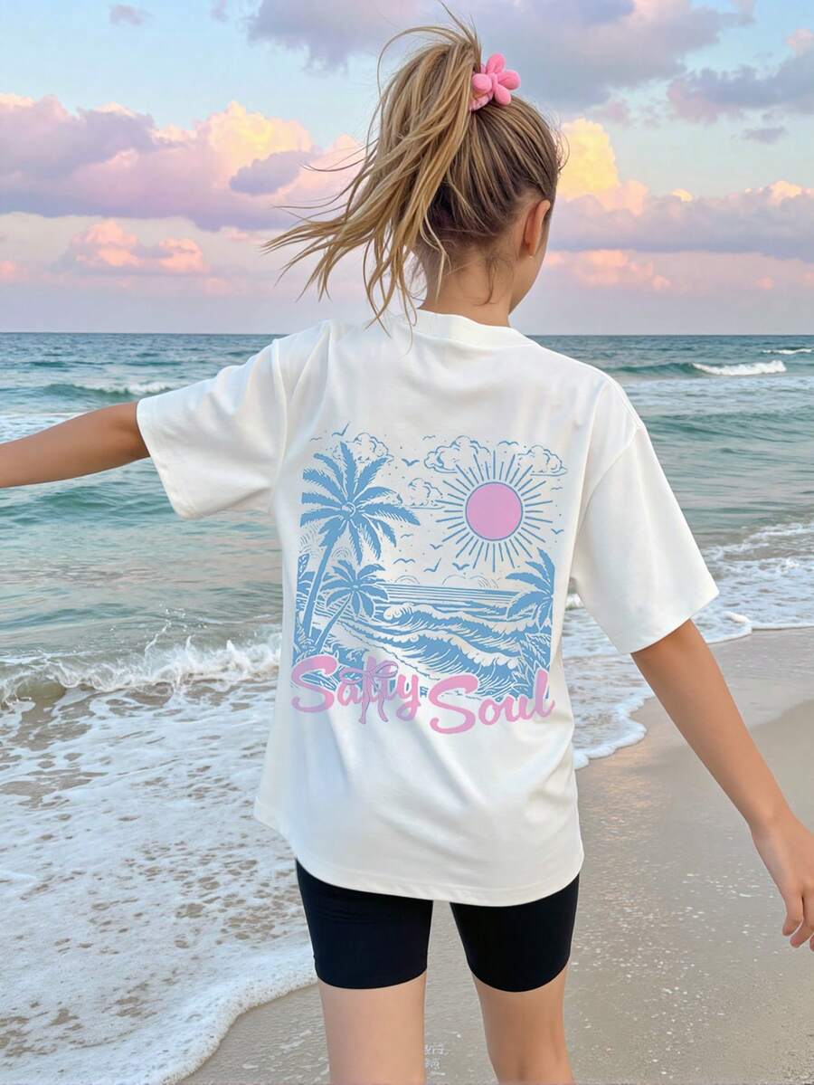 SHEIN ChillGRL 2件套少女沙滩波浪印花休闲舒适圆领白色短袖T恤和黑色紧身短裤套装,时尚图案T恤和短裤,适合所有季节,日常穿着,户外活动 - 白色 - 查看 1