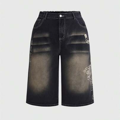 Pantaloncini di jeans a vita alta, stile retrÃ² streetwear, con stampa di caratteri cinesi e tigre, vestibilitÃ  ampia, taglie comode