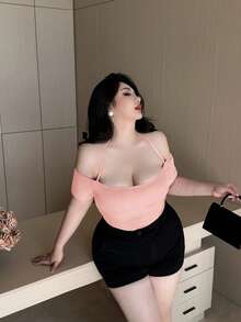 Vibekara 大码纯色吊带露肩修身夏季女式背心 - 粉色 - 查看 4