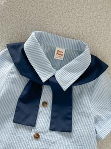 Cozy Pixies 男女宝宝休闲条纹短袖衬衫，纯色披肩领连体短裤，适合春夏穿着，室内外皆可。 - 彩色 - 查看 4