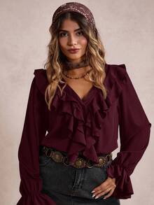 Freevana Blusa elegante de talla grande con volantes en unicolor - Rojo violeta - Ver 1