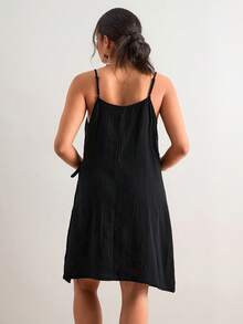 SHEIN VCAY Große Größen Lässig einfarbiges Zugband Wickel-Trägerkleid, Strandkleid, Urlaubsoutfit, Boho-Stil - Schwarz - Übersicht 3