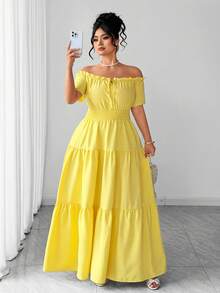 Elenzga Gaun Lengan Pendek Wanita Ukuran Besar Elegan dengan Karet Elastis dan Pinggang Terbuka, Musim Semi/Panas - Kuning - View 3
