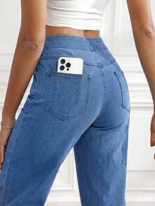 SHEIN Unity Women's Pocket Button Casual Versatile Daily Wear Wide Leg Jeans - Light Wash - View 3