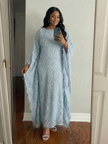 SHEIN Lady CURVE 大码女式纯色圆领蝙蝠袖宽松时尚连衣裙 - 藍色 - 查看 5