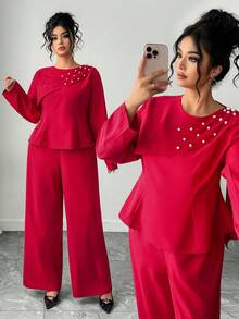 Elenzga 大码女式红色长袖珍珠肩部设计收腰上衣搭配阔腿裤套装，优雅红色两件套通勤装，红色荷叶边上衣搭配长裤，完美适用于圣诞节、新年派对和其他节日场合，让你成为焦点。 - 紅色 - 查看 5