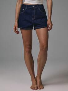 MUSERA Quần short denim cạp trung cổ cổ điển, cơ bản cho mùa thu, phong cách đường phố dễ thương, đi chơi, thường ngày, denim cơ bản cho mùa xuân và mùa hè. - Màu xanh hải quân - Xem 3