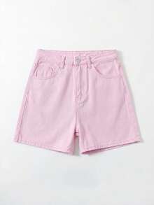 SHEIN EZwear 休闲纯色牛仔短裤，夏季 - 粉色 - 查看 5
