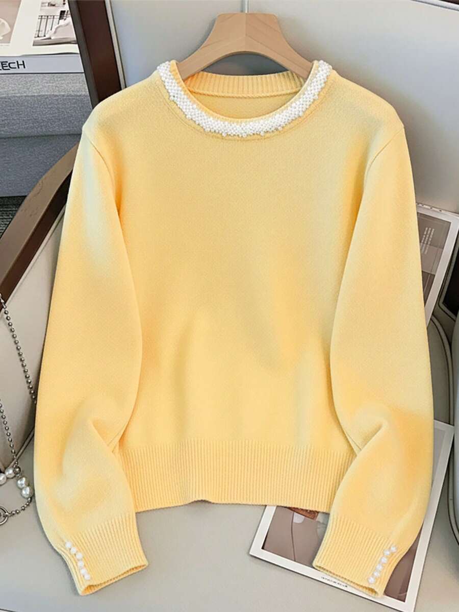 GlowEve CURVE Plus Size Elegant Pearl Crew Neck Long Sleeve Sweater - Light Yellow - View 1