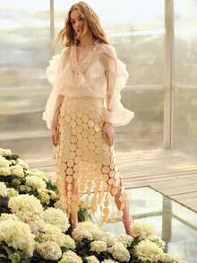 MOTF PREMIUM WOMEN'S V-NECK RUFFLE DESIGN LOOSE ROMANTIC LONG SLEEVE BLOUSE, SPRING/SUMMER - Apricot - View 7