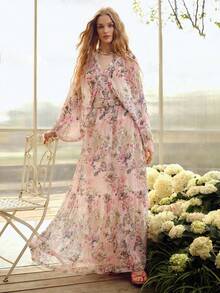 MOTF PREMIUM WOMEN'S ROMANTIC LOOSE LONG SLEEVE SHIRT WITH FLORAL PRINT, SPRING/SUMMER - Baby Pink - View 7