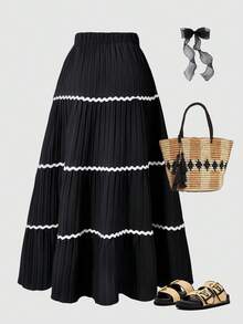 SHEIN ChillGRL Streecool 少女百褶裙，长裙，蛋糕裙，撞色波浪荷叶边，优雅休闲，适合日常穿着，四季皆宜 - 黑色 - 查看 2