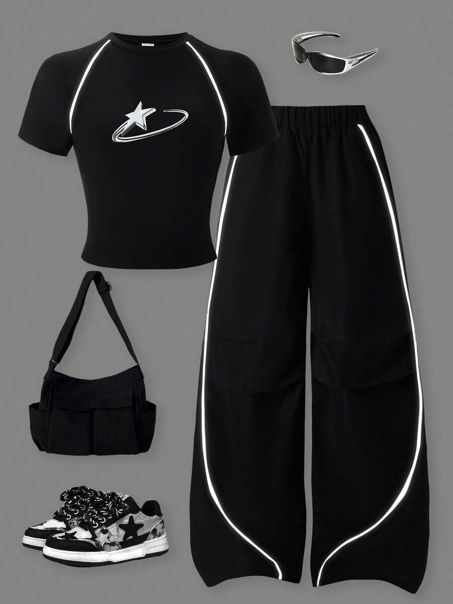 ChillGRL Set de 2 piezas de camiseta y pantalones anchos con diseño de patchwork reflectante para adolescentes, adecuado para uso diario, ir al trabajo, ocio, vacaciones, estilo callejero, reuniones entre hermanas y fiestas - Rosa - Ver 1